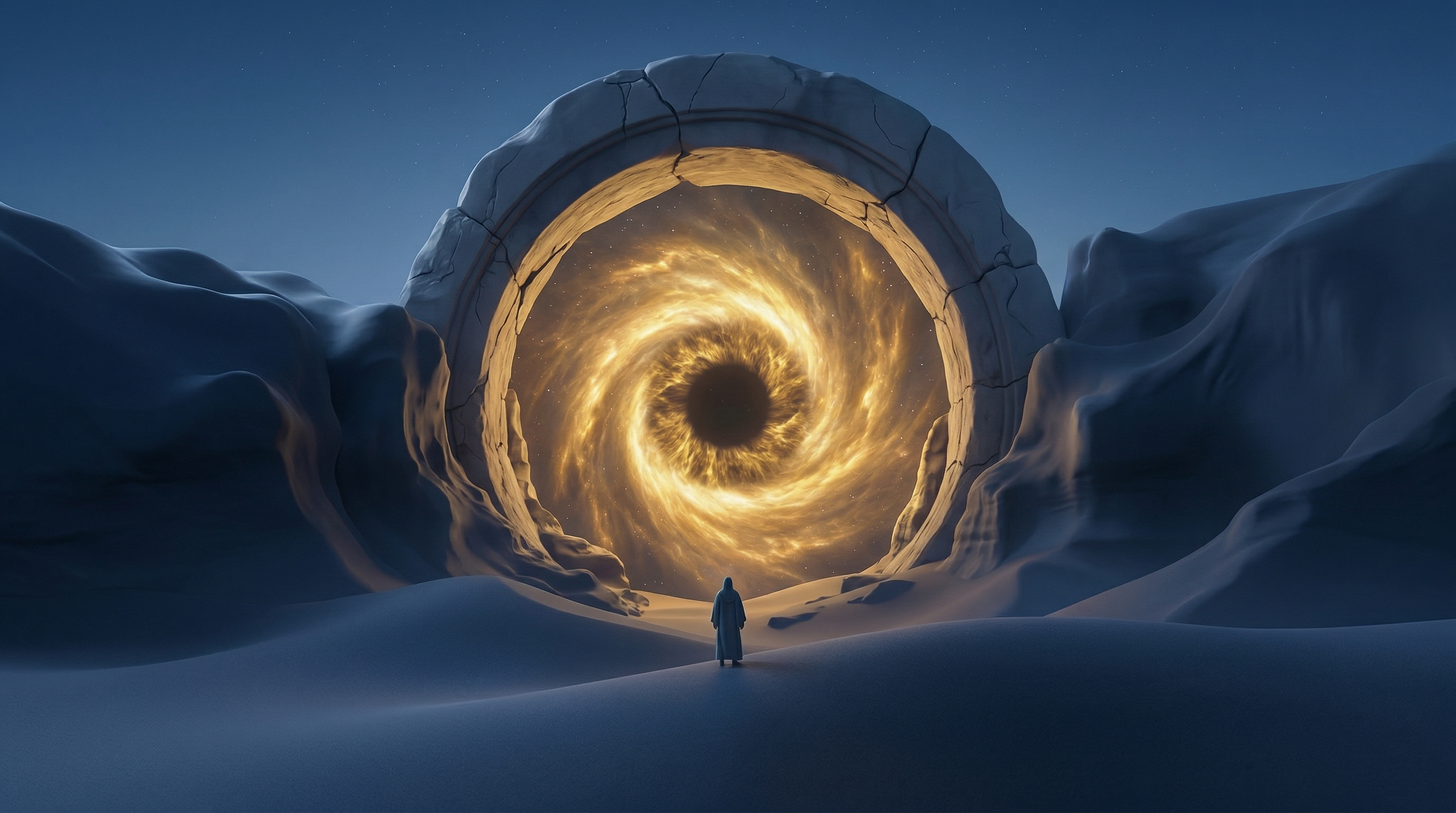 Lone Figure Facing Glowing Cosmic Portal