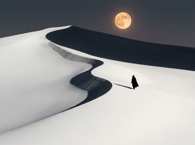 Lone figure on white sand dunes under full moon