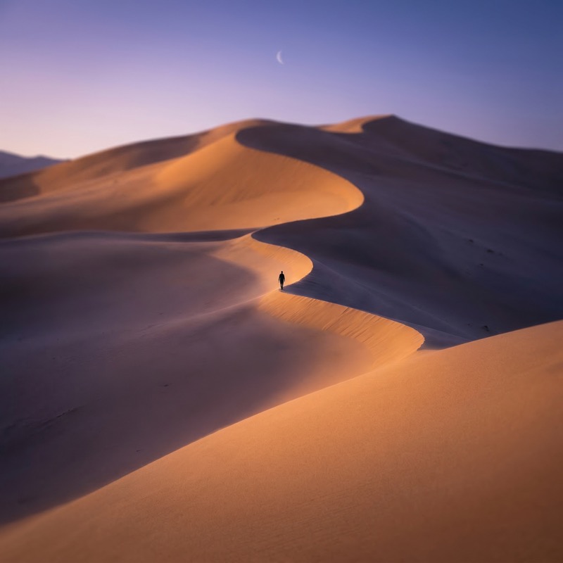 Lone Hiker on Desert Dune Ridge at Twilight