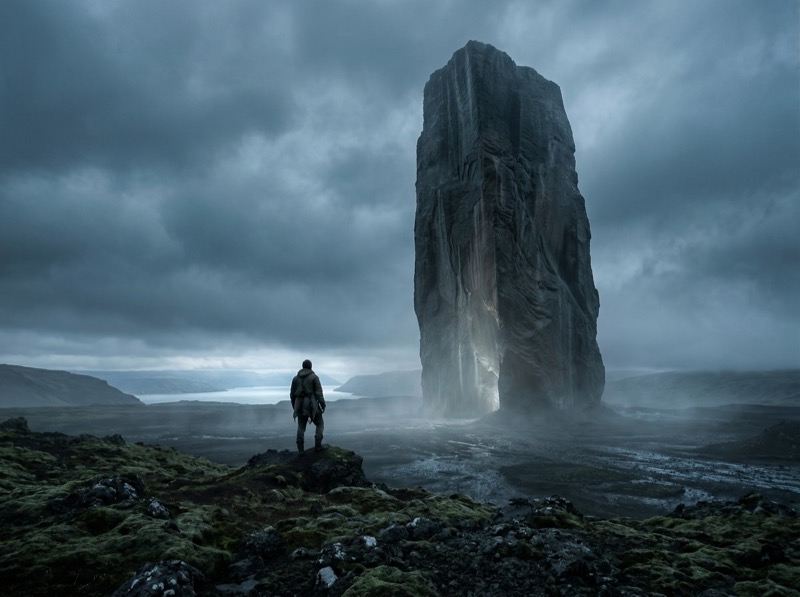 Cinematic Photoreal Dark Fantasy Landscape Of A Colossal Ancient Stone Monolith In