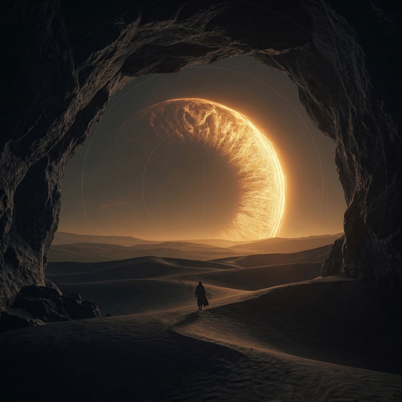 Lone Traveler Faces a Fiery Eclipse in Desert