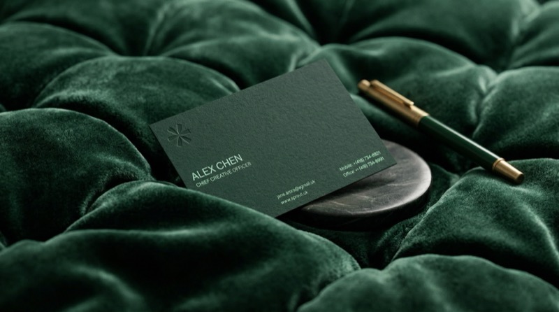 Minimalist Dark Green Business Card On A Deep Emerald Tufted Velvet/quilted Cushion