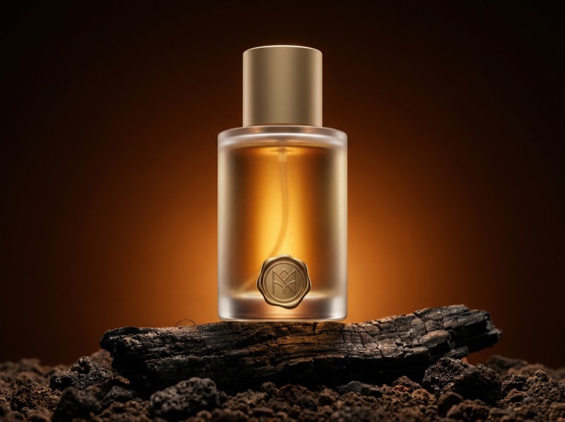 Luxury perfume bottle on charred wood backdrop