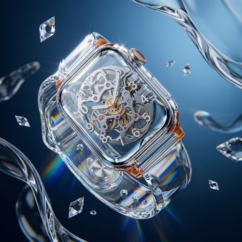 Luxury skeleton watch with crystal strap on blue