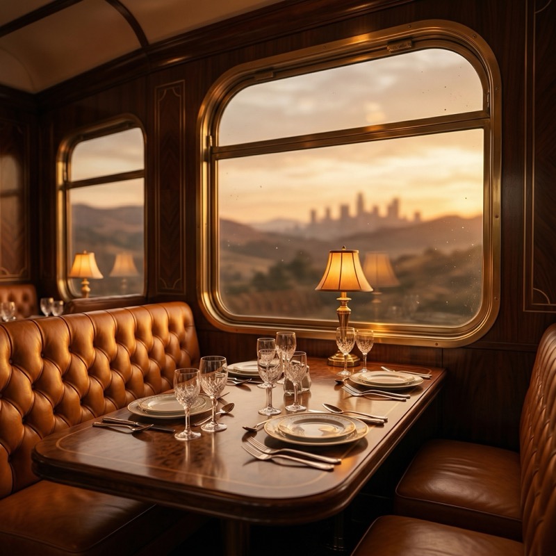 Vintage Luxury Train Carriage Interior At Golden Hour