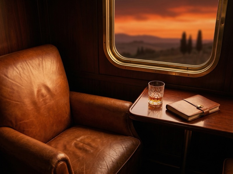Vintage Luxury Train Carriage Interior At Golden Hour