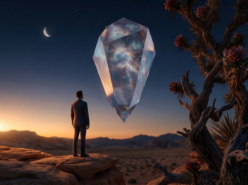 Man Facing Floating Cosmic Crystal at Dusk