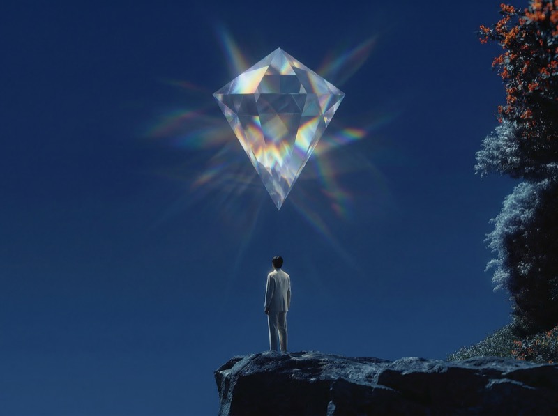 Man Facing Floating Prism Diamond in Night Sky