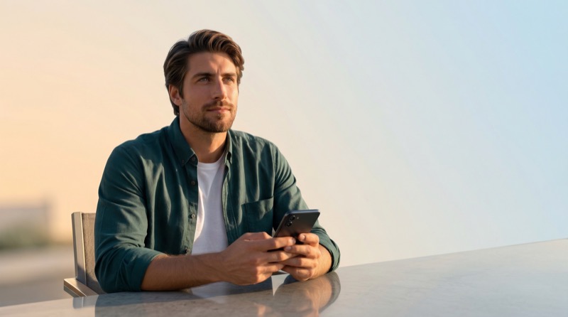 Man holding smartphone at outdoor table