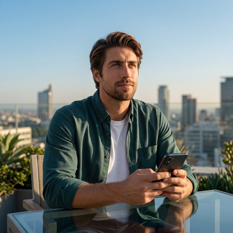 Man holding smartphone on rooftop terrace