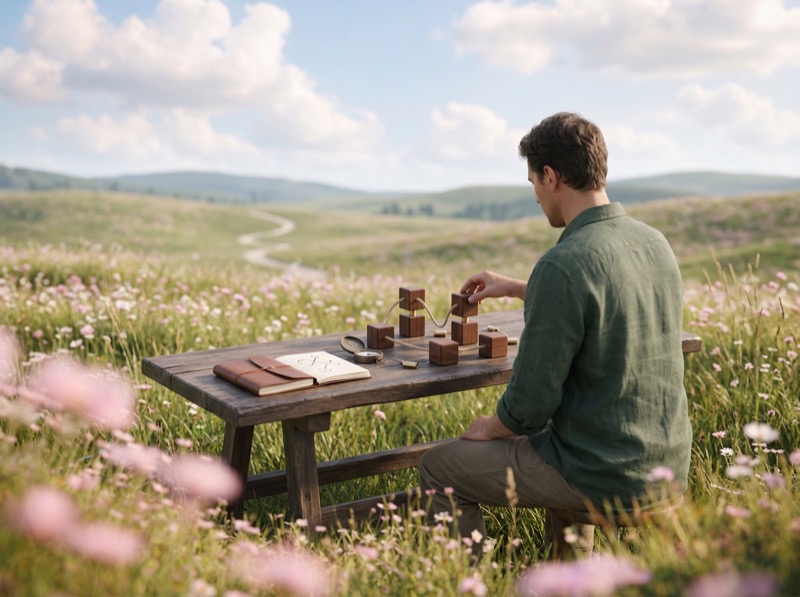 Man solving wooden puzzle at meadow table