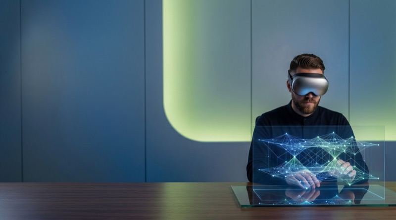 Man Using VR Headset with Holographic Data Interface