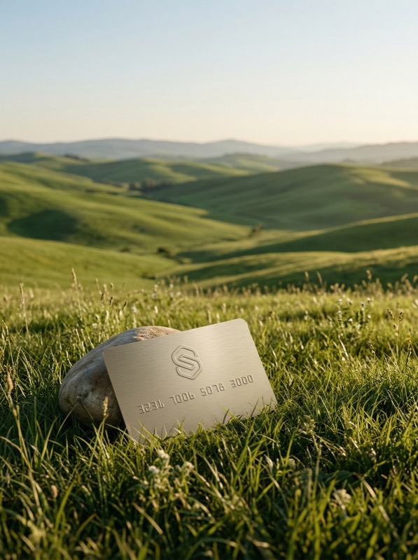 Metal bank card in grassy hills at sunrise