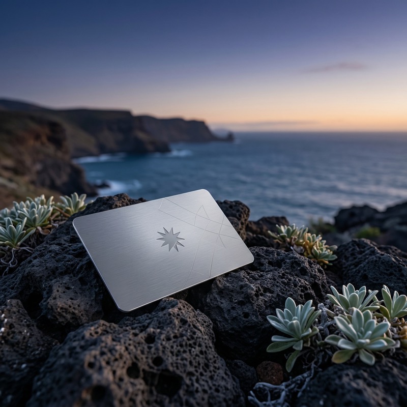 Metal card on coastal rocks at sunset