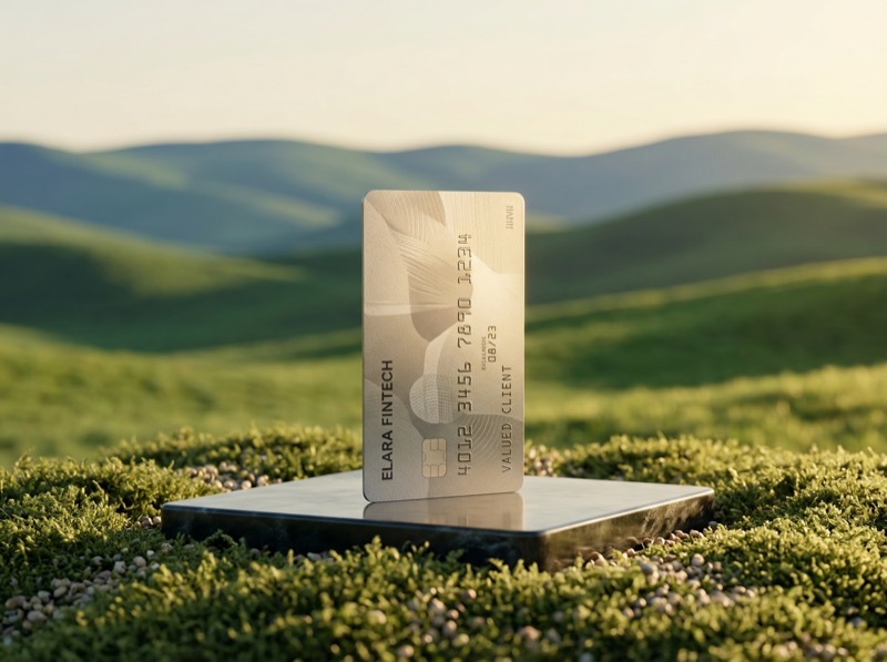 Metal fintech card on pedestal in green hills