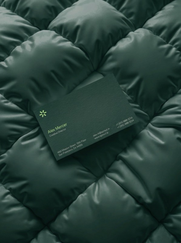 Minimalist Dark Green Business Card On A Deep Emerald Tufted Velvet/quilted Cushion