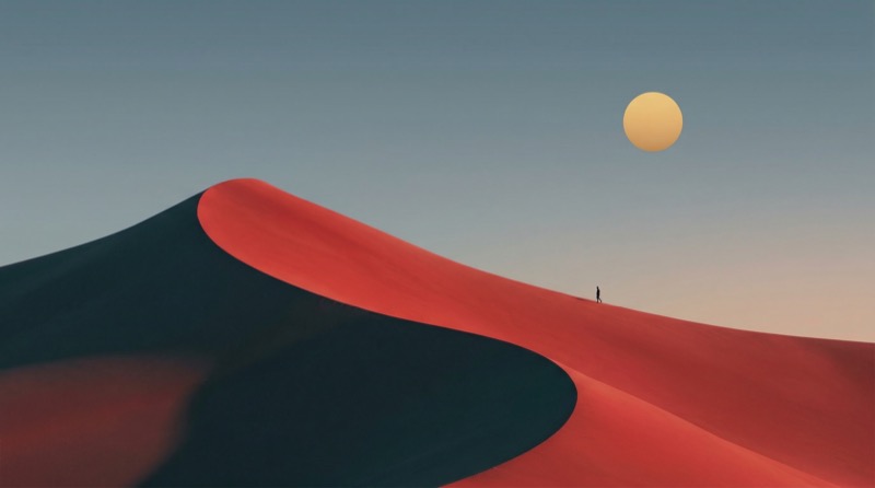 Minimal Desert Dunes with Lone Figure and Sun