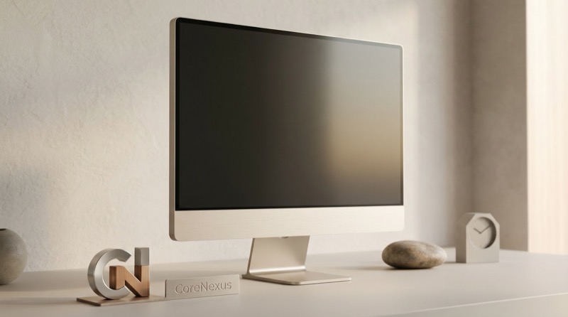Minimal desktop monitor mockup on modern workspace