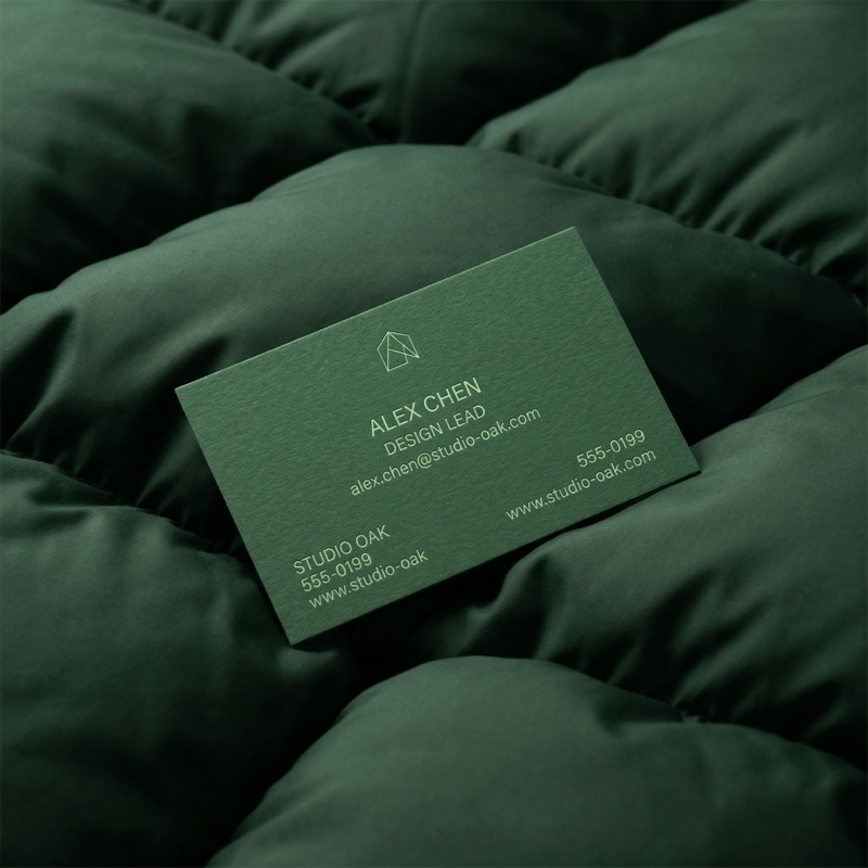 Minimalist Dark Green Business Card On A Deep Emerald Tufted Velvet/quilted Cushion