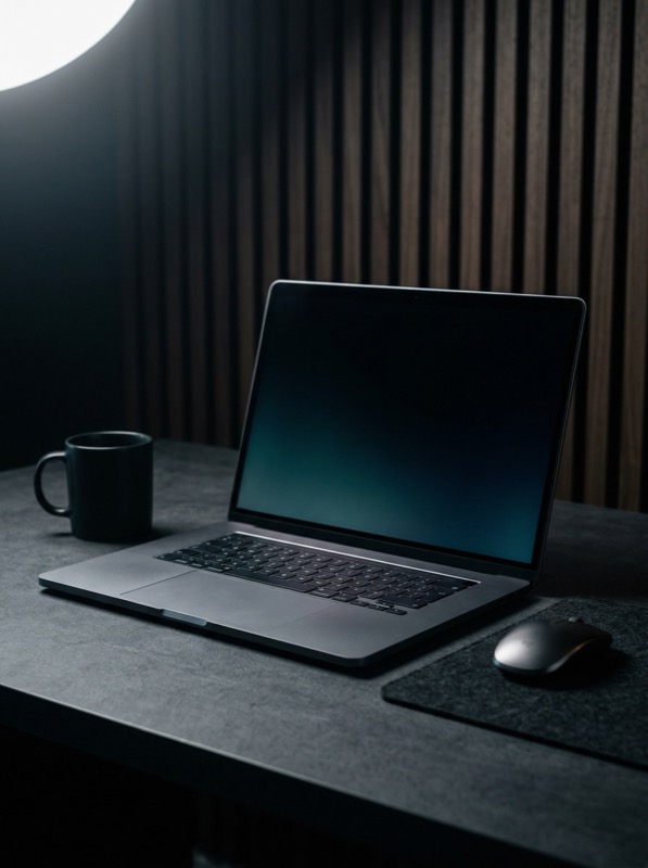 Sleek Dark Laptop On A Textured Surface (woven Sofa Fabric Or Matte