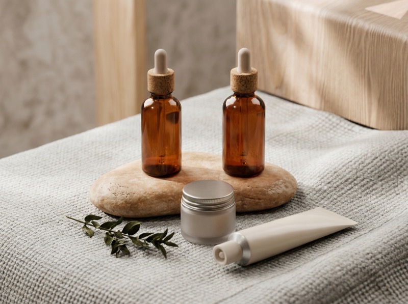 Minimal skincare bottles with dropper and cream jar