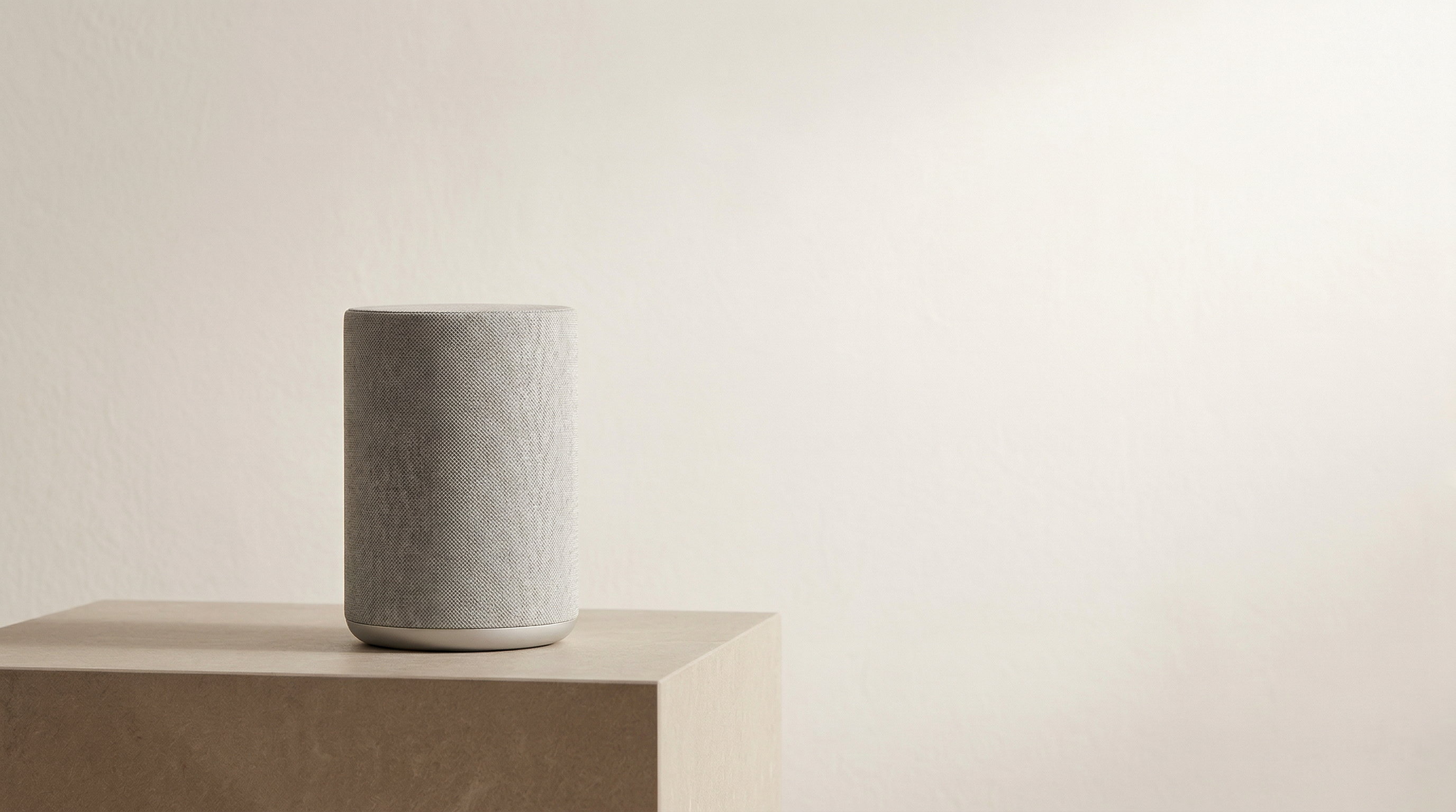Minimal smart speaker on pedestal with copy space