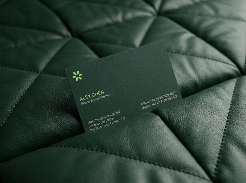 Minimalist Dark Green Business Card On A Deep Emerald Tufted Velvet/quilted Cushion