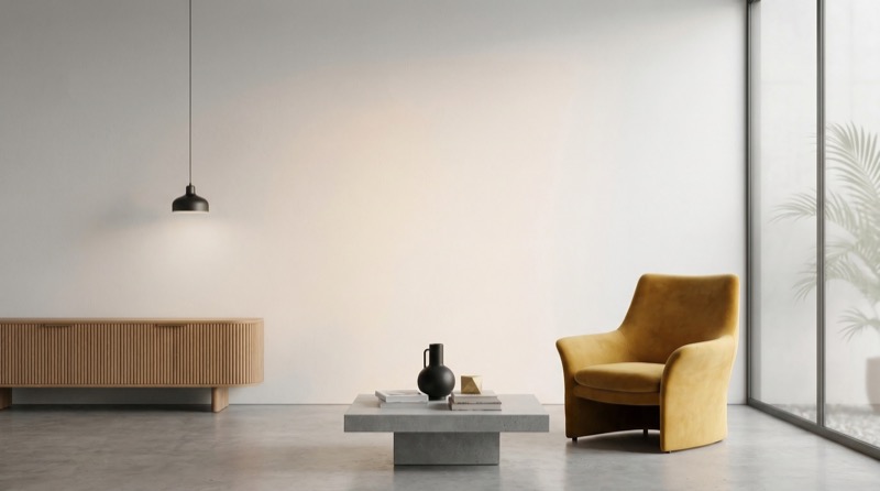 Minimalist living room with mustard armchair