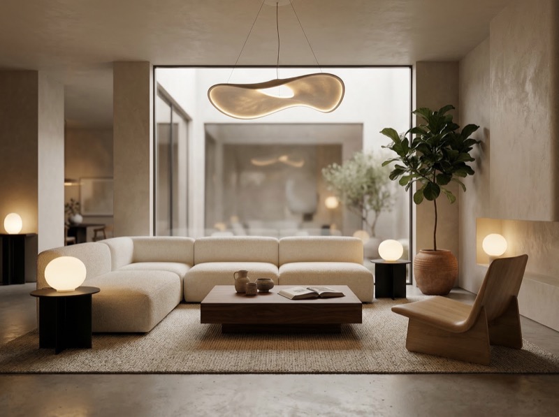 Minimalist modern living room with sculptural lighting