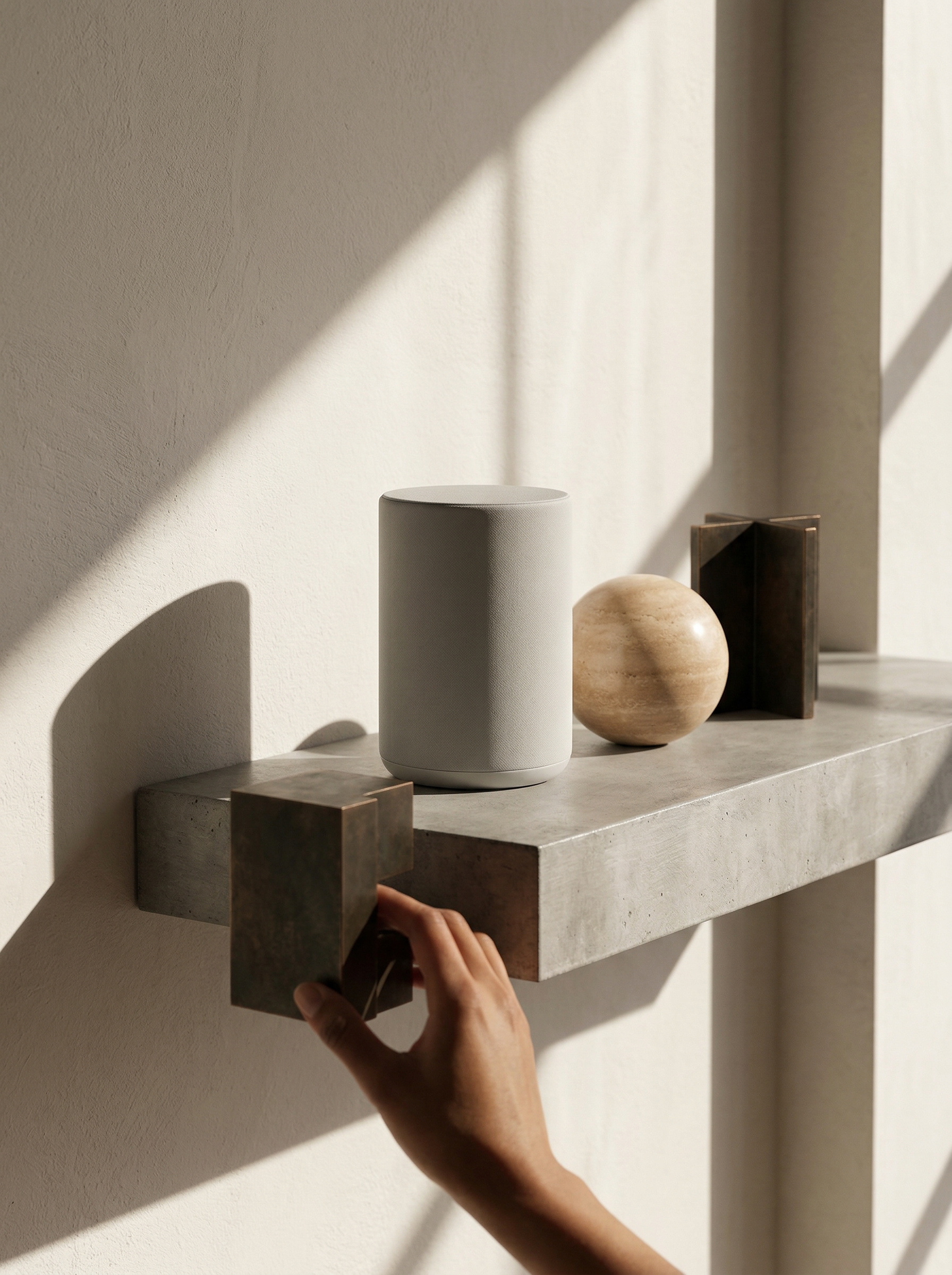 Minimalist shelf still life with speaker and sculpture