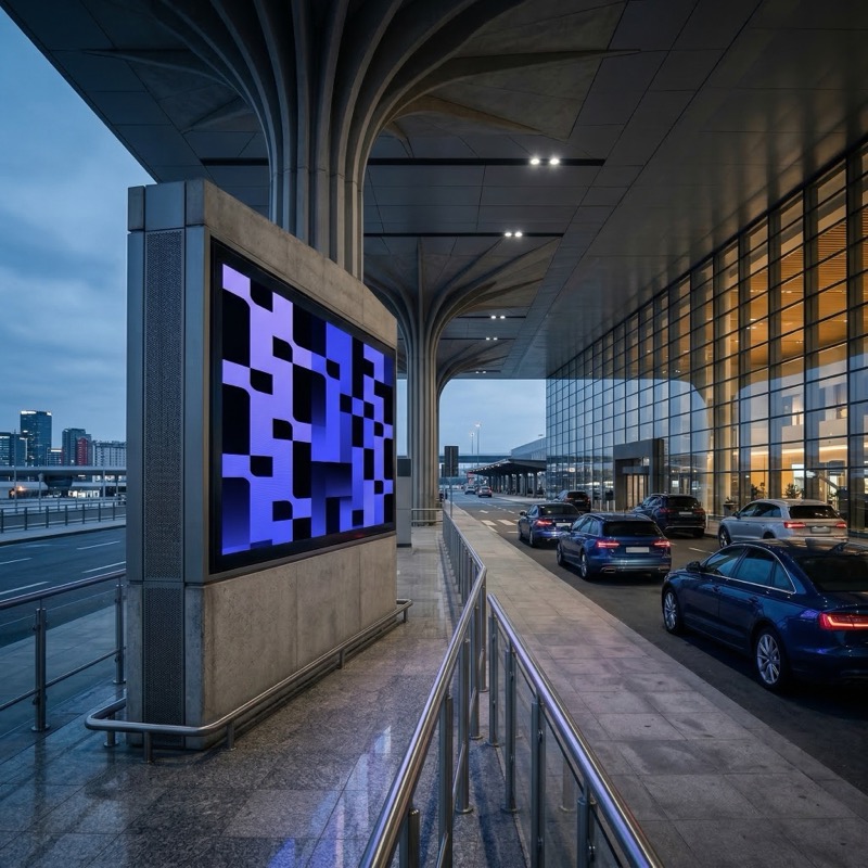 Modern airport terminal curbside at dusk