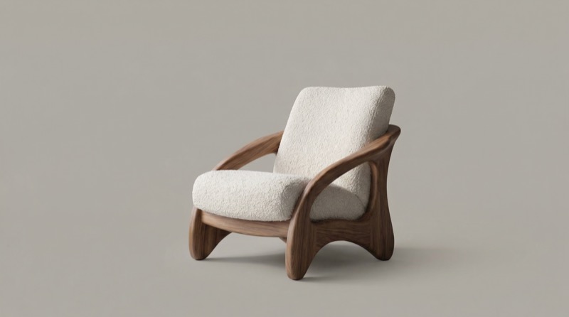 Modern boucle lounge chair with walnut frame