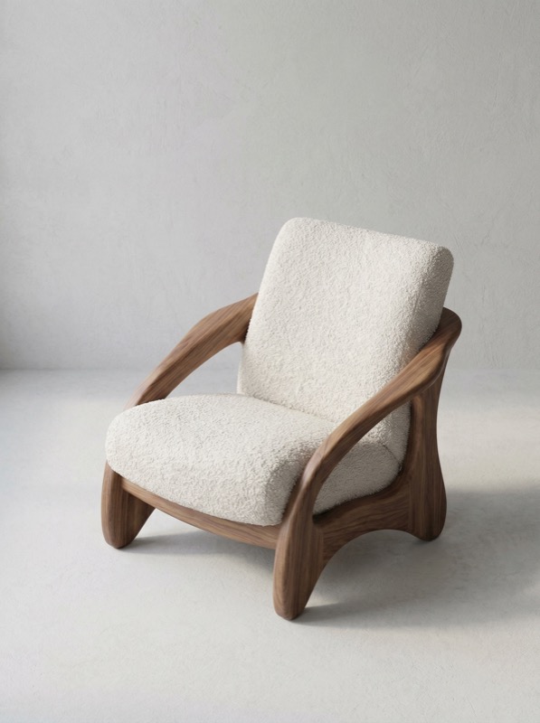 Modern boucle lounge chair with walnut frame