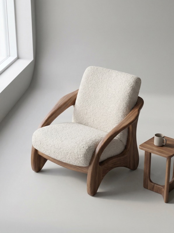 Modern boucle lounge chair with wood frame
