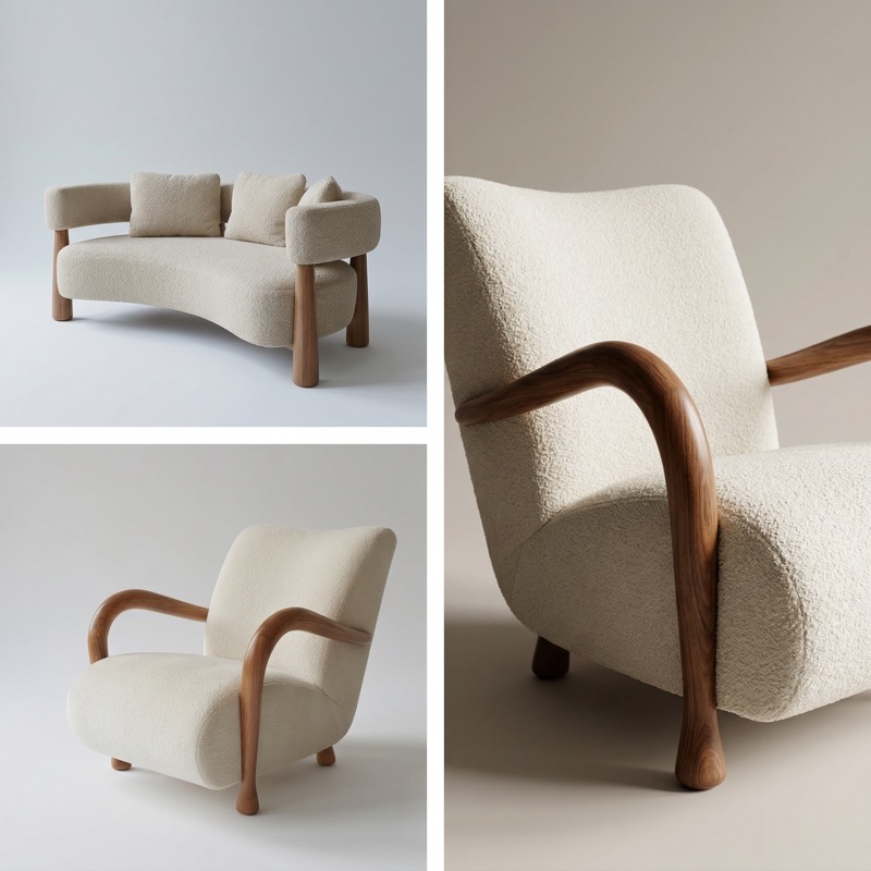 Modern boucle sofa and armchair with wood arms