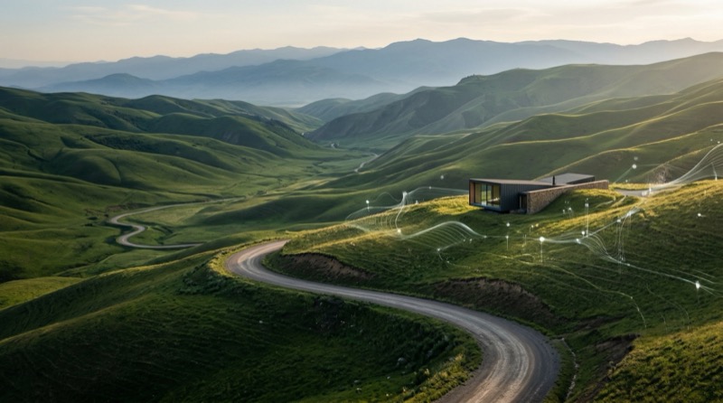 Cinematic Golden Hour Aerial Landscape Of Rolling Terraced Green Hills With A