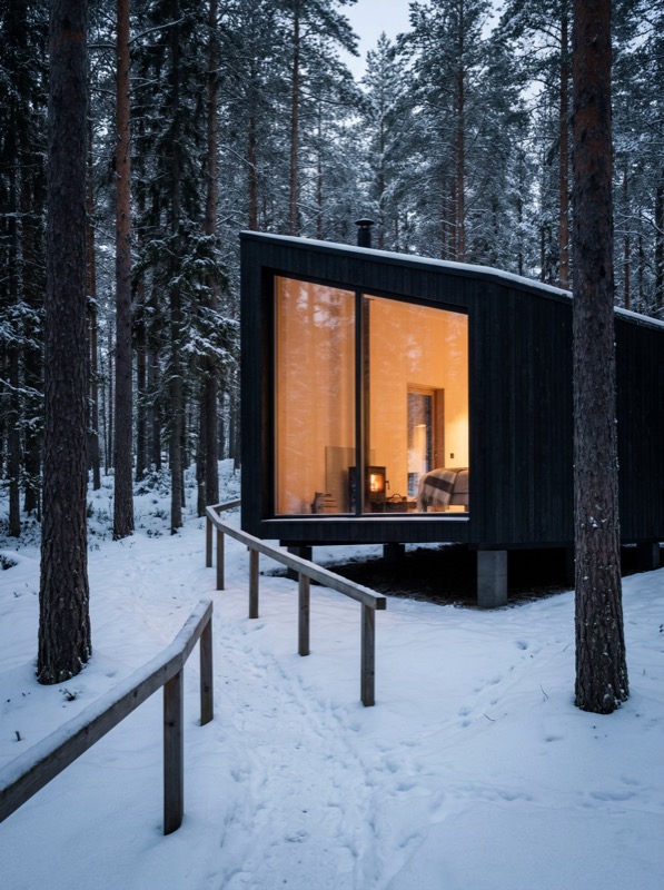 Modern cabin with warm glow in snowy forest