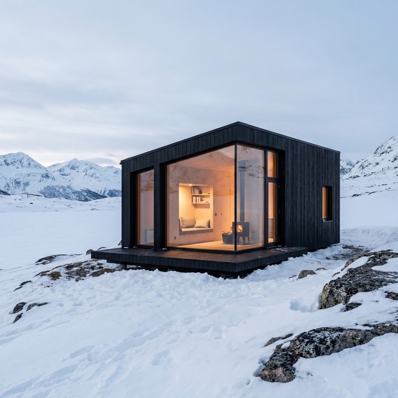 Modern cabin with warm light in snowy mountains