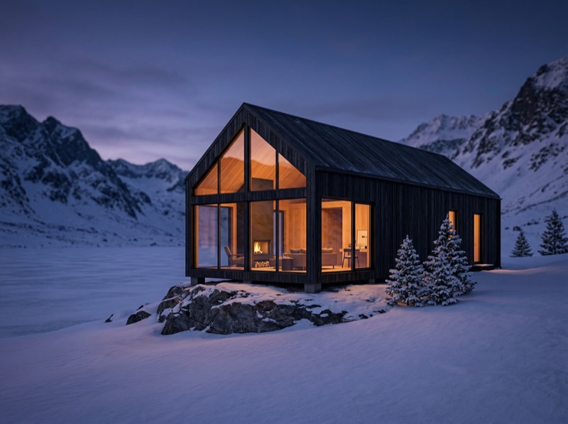 Modern cabin with warm lights in snowy mountains
