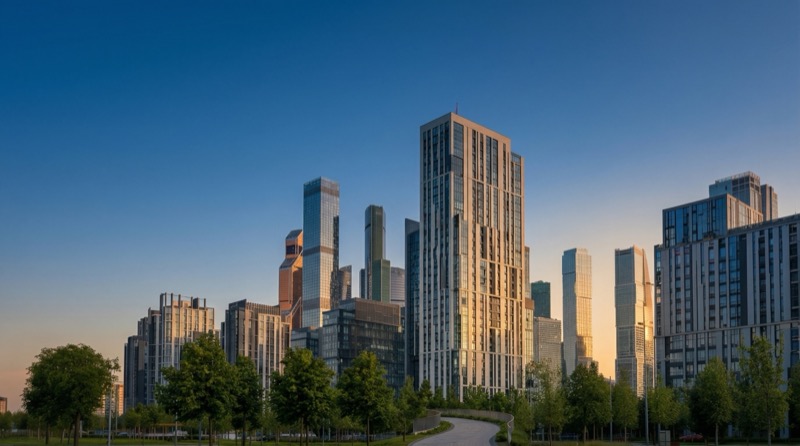 Ultra Realistic Architectural Photograph Of A Modern Business District With Sleek Glass