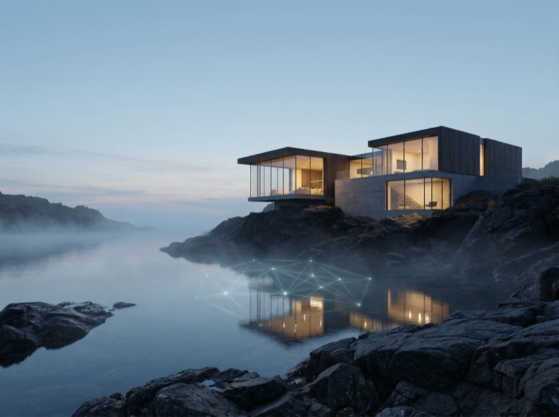 Modern cliffside glass house at dusk by calm water