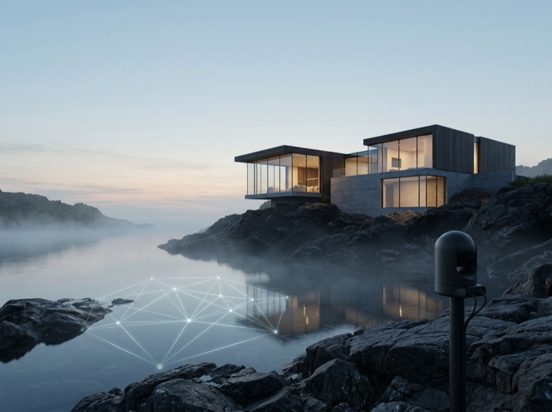 Modern cliffside villa with smart network overlay