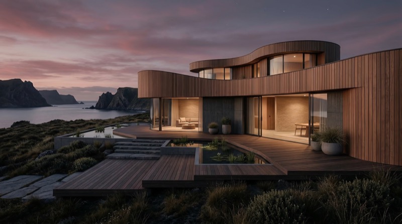 Modern coastal villa at dusk with curved facade