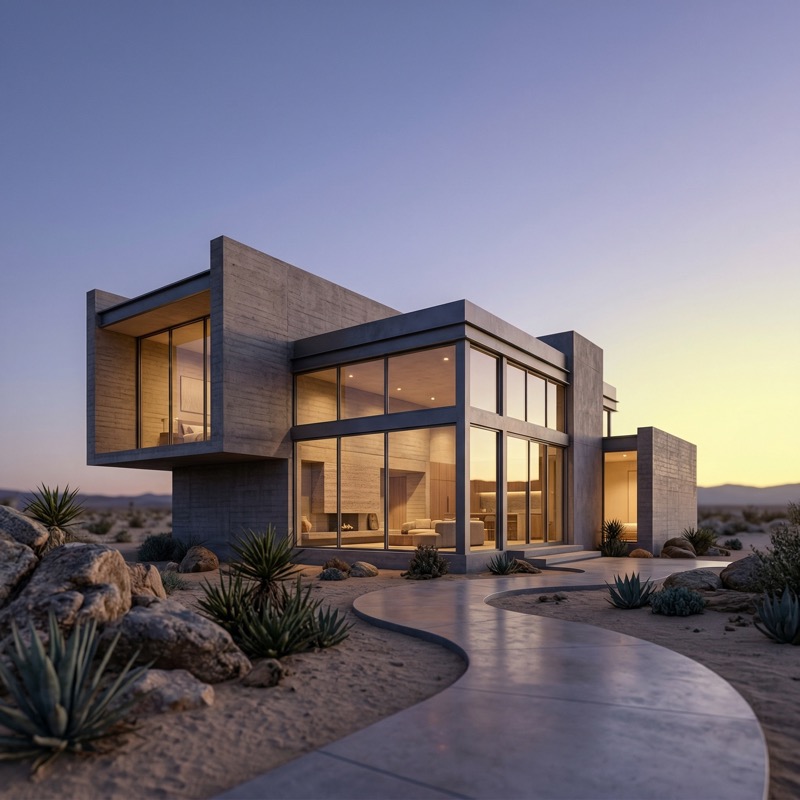 Modern Concrete Glass House in Desert at Dusk