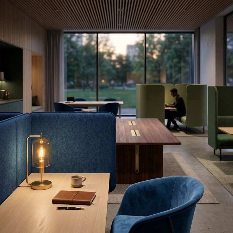 Modern coworking lounge with desk and soft booths