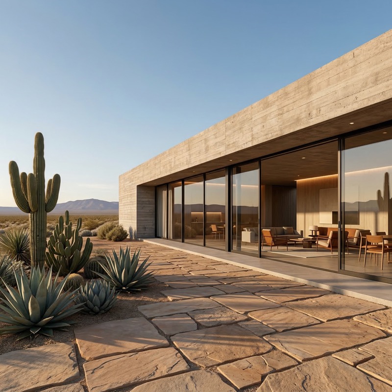 Modern desert home with glass facade at sunset