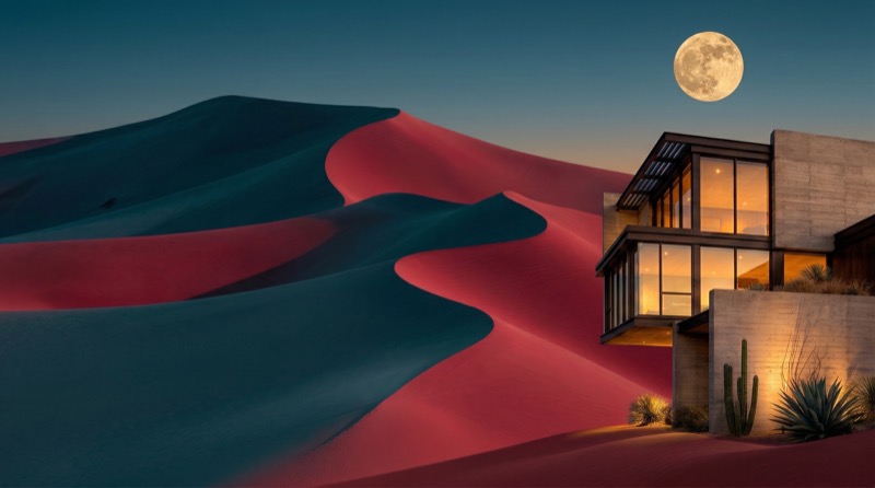 Modern desert house under full moon at dusk