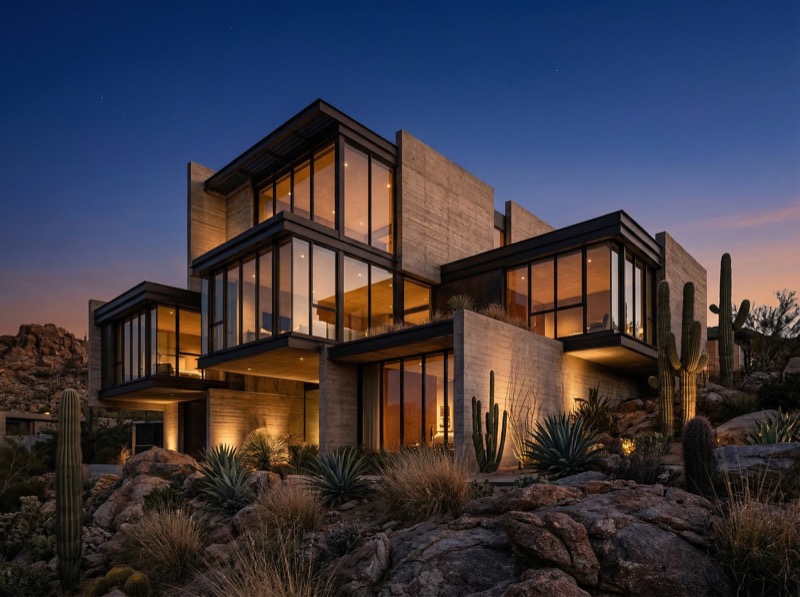 Modern desert villa with glass walls at dusk