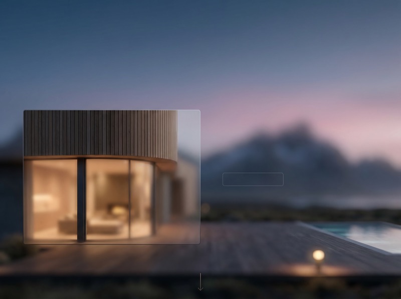 Modern glass cabin at dusk with mountain backdrop