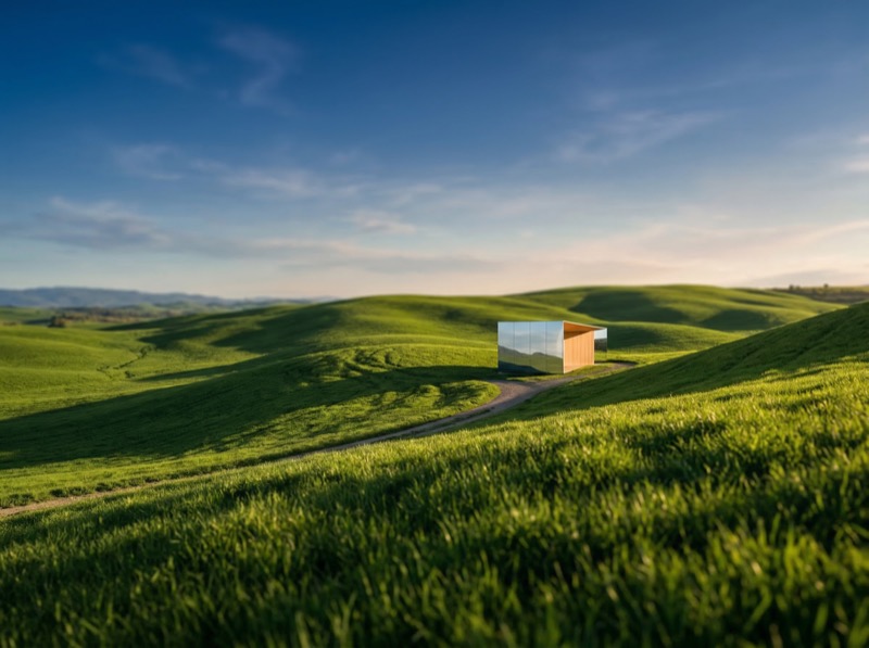 Modern glass cabin in rolling green hills